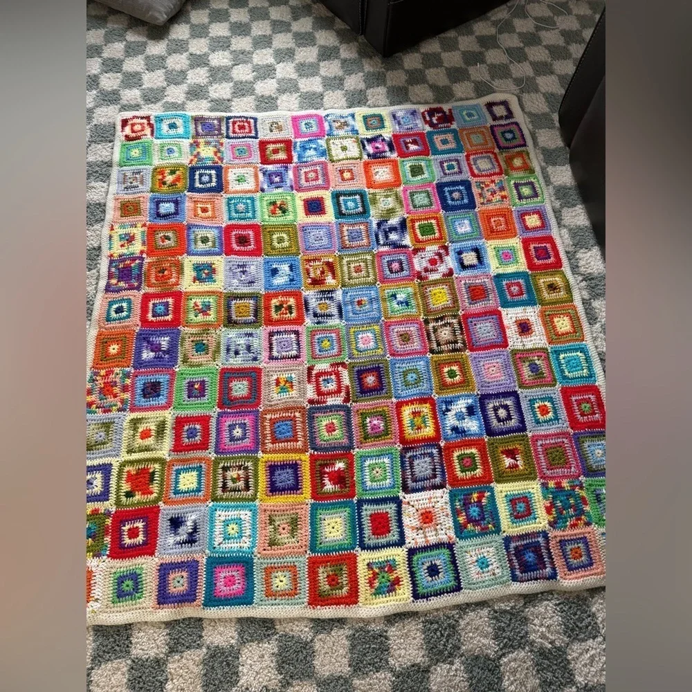 VTG Granny Square Blanket Afghan Crochet Hand Made Patchwork Multi Color Amish